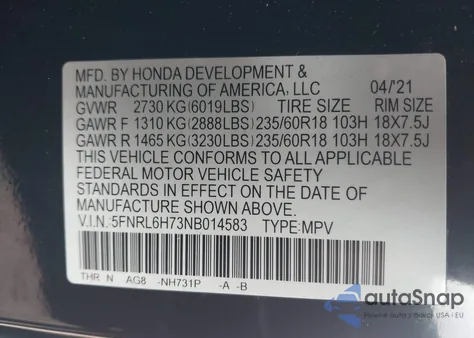 2022 Honda Odyssey Ex-L from USA, damaged, VIN 5FNRL6H73NB014583